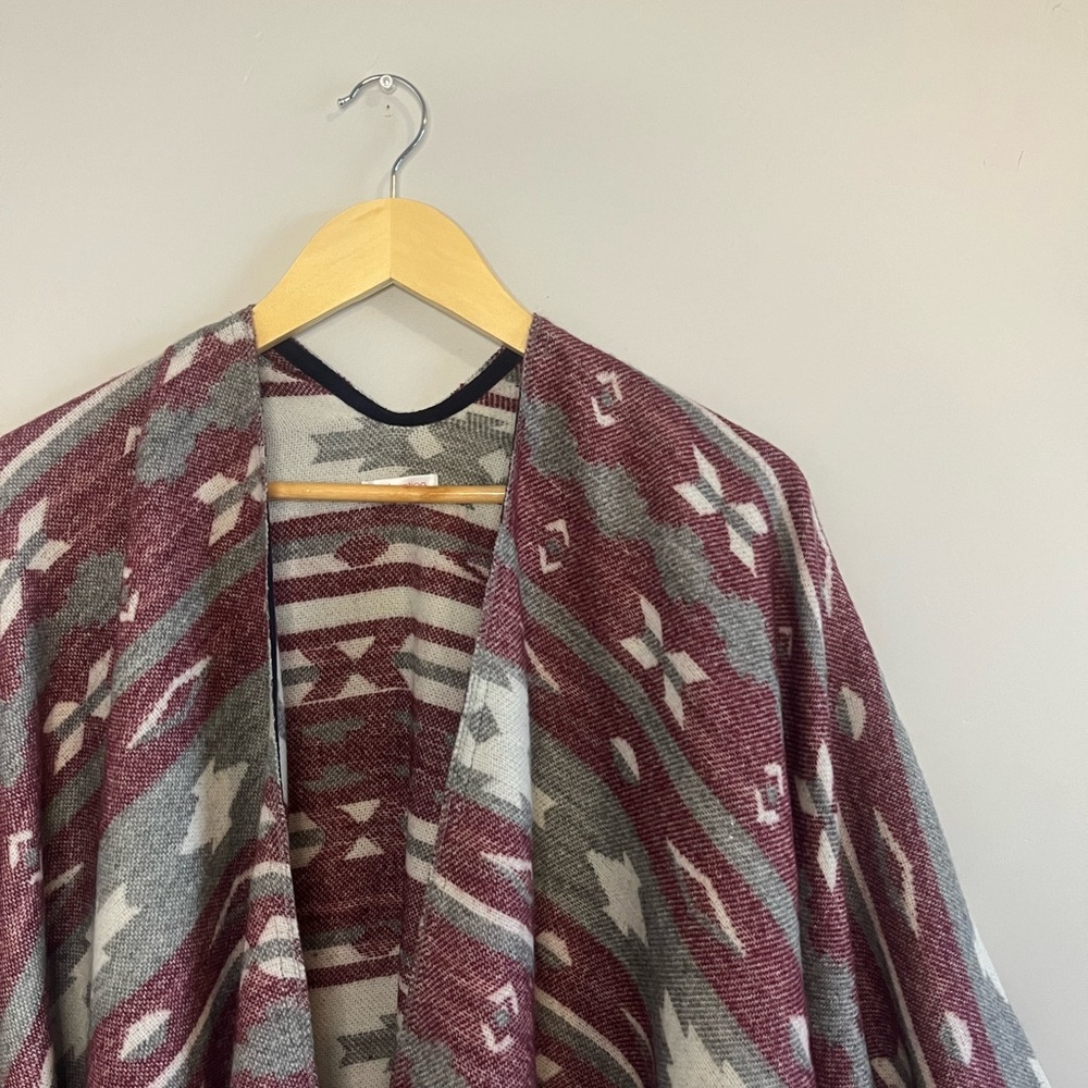 Xhilaration | Red, Gray, & White Fringed Poncho Sweater